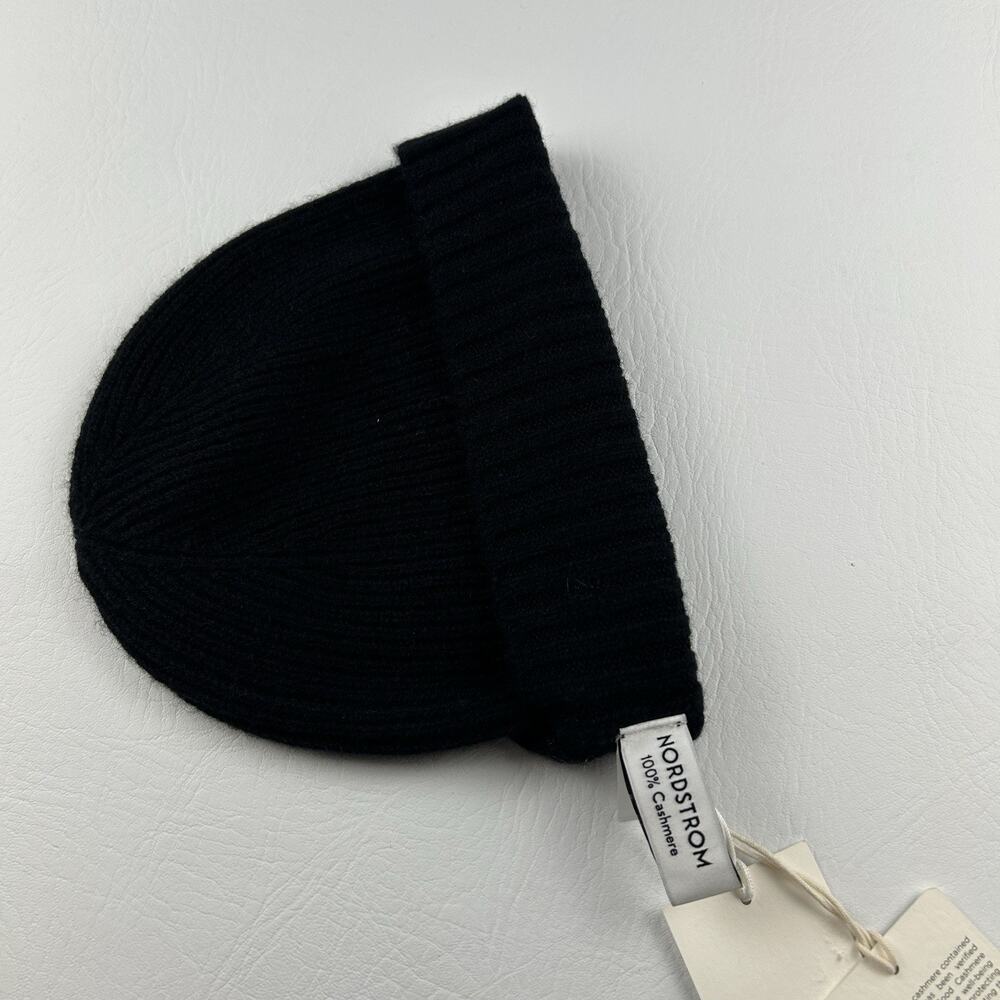 Nordstrom 100% Cashmere Rib Knit Beanie Hat Black One Size Soft Luxury NWT - Picture 8 of 10